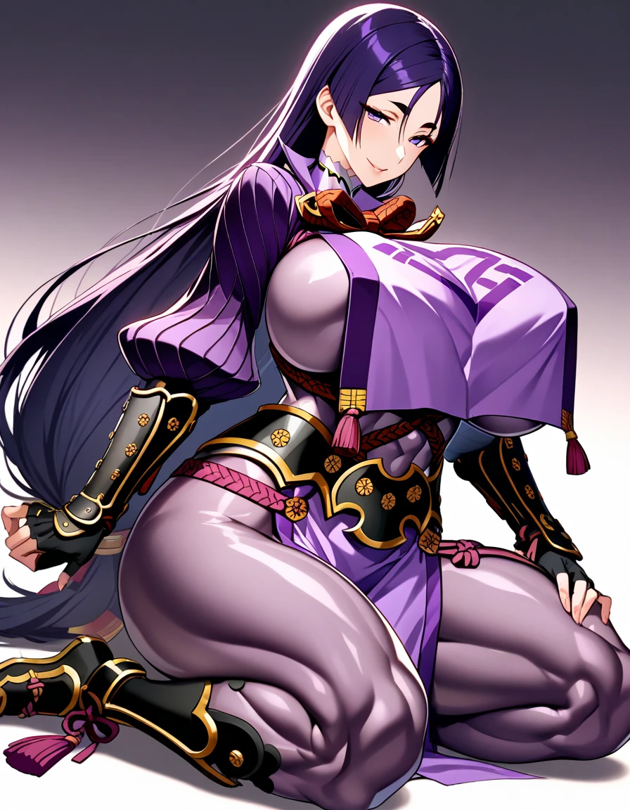 1girl,solo,perfect,high quality,faultless,
raikou, raikou, parted bangs, purple eyes, purple hair, long hair, hime cut, forehead, mature female,
arm guards, armor, black gloves, bodysuit, fingerless gloves, gloves, japanese armor, kote, loincloth, purple bodysuit, ribbed sleeves, tabard, toned,mother,maternal,maternal instinct,Super huge breasts,whipped thighs,smile,soft expression,full body,looking at viewer,lecherous look,sexual eye contact,SFW,white background