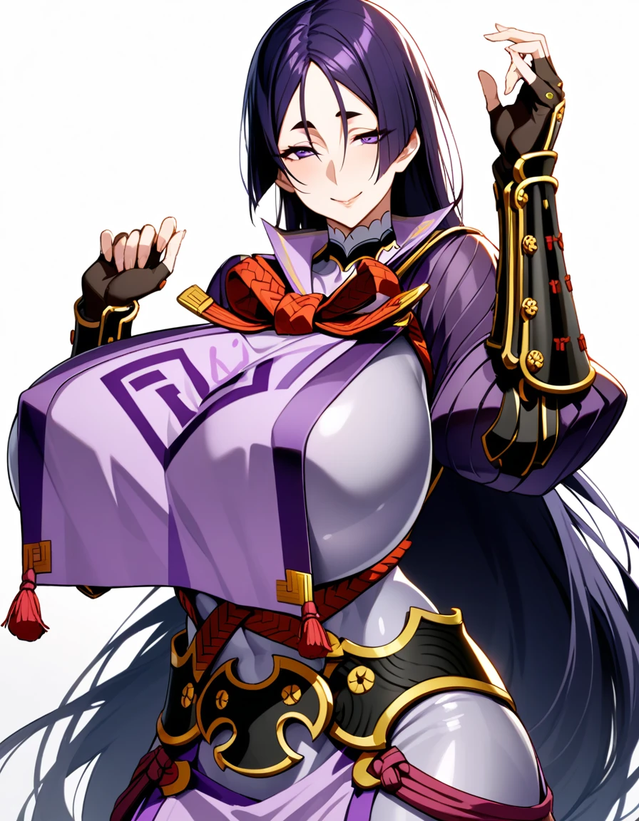 1girl,solo,perfect,high quality,faultless,
raikou, raikou, parted bangs, purple eyes, purple hair, long hair, hime cut, forehead, mature female,
arm guards, armor, black gloves, bodysuit, fingerless gloves, gloves, japanese armor, kote, loincloth, purple bodysuit, ribbed sleeves, tabard, toned,mother,maternal,maternal instinct,Super huge breasts,whipped thighs,smile,soft expression,full body,looking at viewer,lecherous look,sexual eye contact,SFW,white background