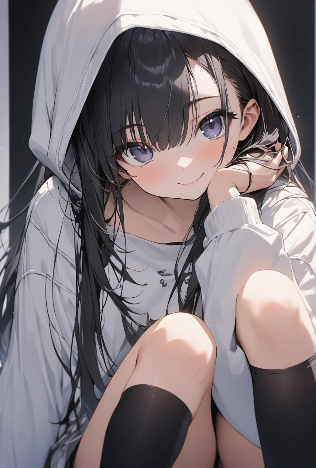 ((Highest quality)), ((masterpiece)), ((Very detailed)), (Very cute),A gentle-looking woman with black hair and a smile, about 165cm tall,A woman with long hair and a cute smile wearing a cool hoodie that exposes her shoulders, alone, Cute attitude,(background(bright),Long Hair - Straight,Knee-high socks、White off-the-shoulder hoodie with hood,White wall、Sitting、Facing the viewer、Close-up