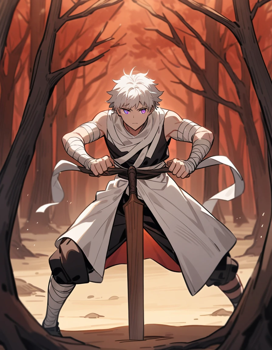 White-haired Greek boy with violet eyes, with both arms covered in bandages, training with a wooden spear in a red forest of dry trees