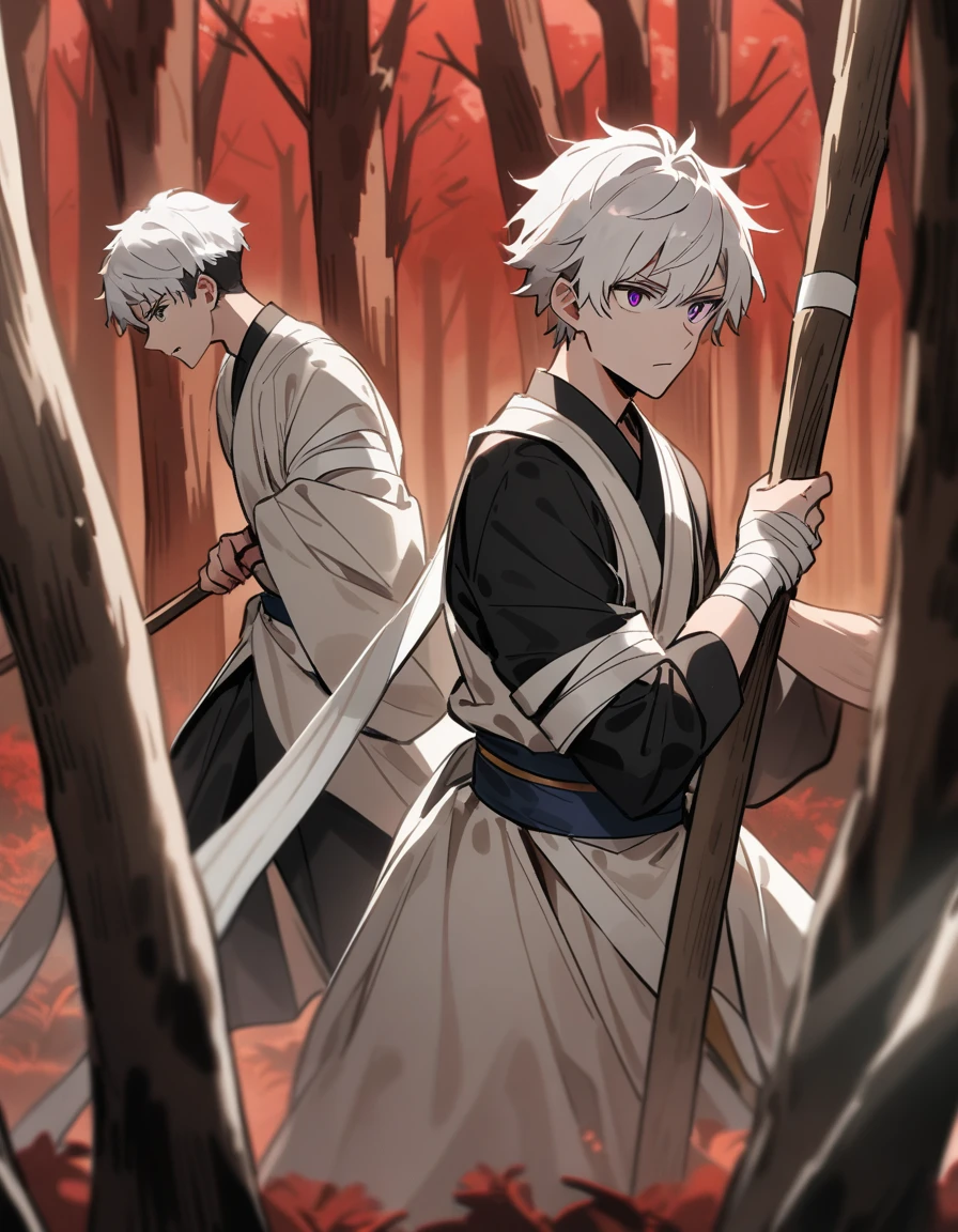 White-haired Greek boy with violet eyes, with both arms covered in bandages, training with a wooden spear in a red forest of dry trees