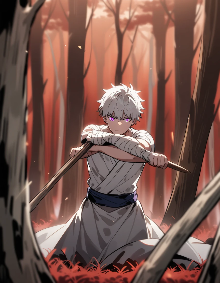 White-haired Greek boy with violet eyes, with both arms covered in bandages, training with a wooden spear in a red forest of dry trees