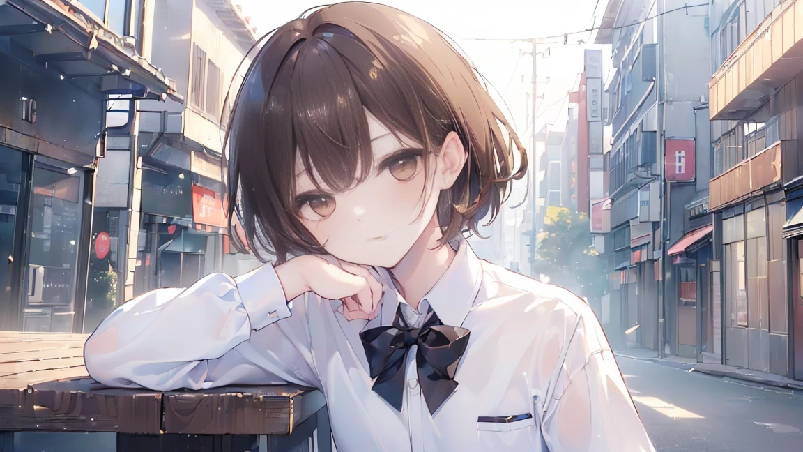 (((Highest quality, 8k, masterpiece: 1.3)), Sharp focus, Slim abdomen, (White shirt), (street: 1.2), Highly detailed face and skin texture, fine grain, double eyelid, Japanese , Brown Hair, Sleepy face, (In high school), (High School Uniform)
