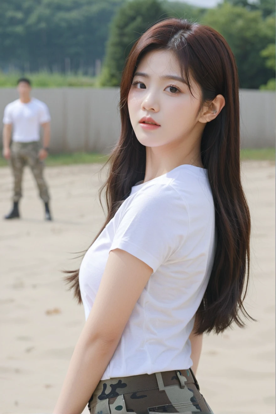 close-up of beautiful South Korean, Kwon Eunbi is a korean pop girl, youthful face, white skin body, perfect body, Jordan O'Neil female character is a G.I. Jane movie remake, very long hair, black hair, straight hair, bust size 36 inches, wearing a tight plain white short-sleeved t-shirt, wearing a tight camouflage legging pants, sexy looking pose, pose a naughty look, at a military training camp, UHD