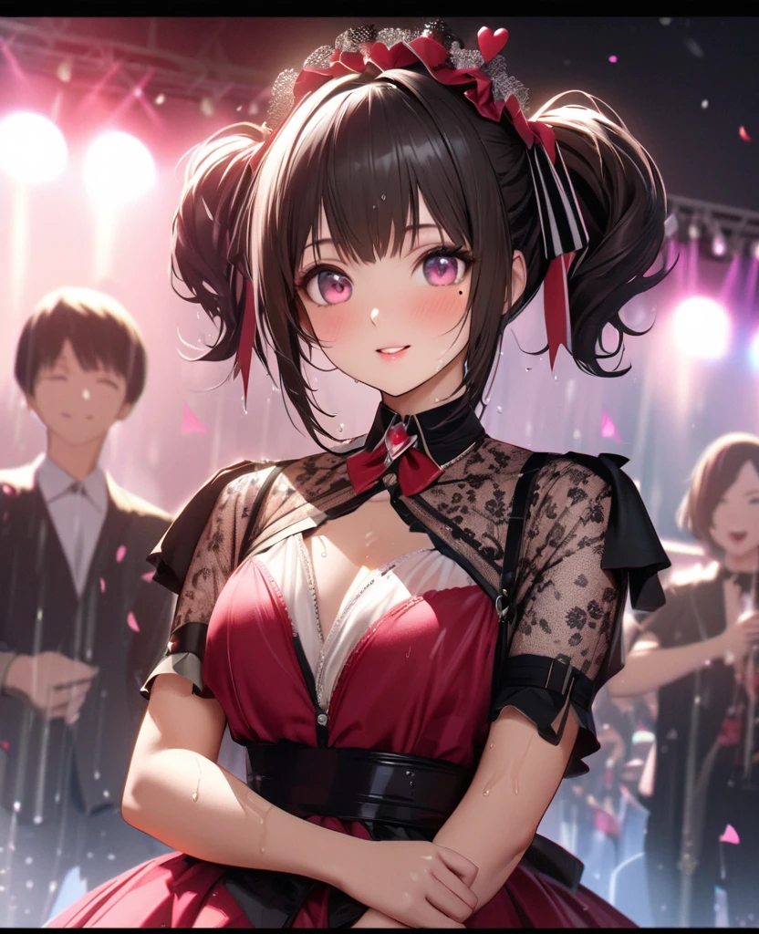 One Girl、Looking at the audience、lovely,
Beautiful pink eyes、short twin tail hair , Mole under the eye、Plump and glossy lips、Heart-shaped choca、Idol、Her name is Rico,smile、ー、。.。.。.。.。.。.。.。.。.。.。.。.。.。.。.。.。.。.3D、Realistic、
The idol's costume was soaked in the heavy rain, and her chest was wet and transparent.Heavy rain at outdoor concert, Drape clothes、gem、The decoration has been removed、Floral、Lace trim,On a glittering stage、
masterpiece、highest quality、8k、Detailed skin texture、Detailed cloth texture、Beautifully detailed face、Intricate details、Very detailed、
超A high resolution、8k Ultra HD、Film Grain、Best Shadow、delicate、Gazing at the audience、front