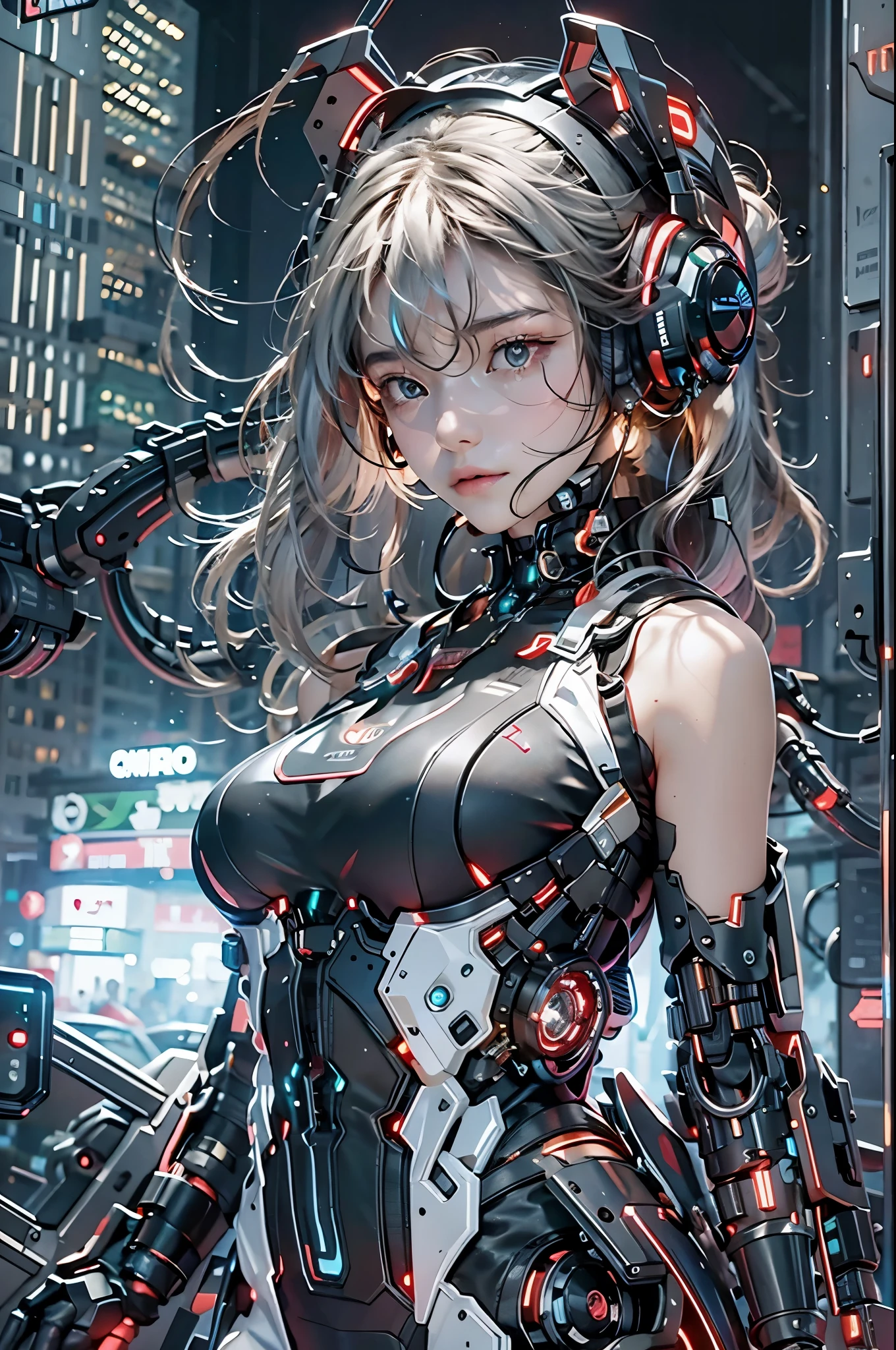 best quality,masterpiece,16k,1girl,Cyberpunk,headset,Mechanical earphones,Luminous earphones,Fragmented mechanical jewelry,Technological background,Positive close-up,Robot arm,The mechanical structure of the earpiece resembling a handgun,Slightly exposed chest,Multi light source earphones,Earphones with super complex mechanical structures,Multi light source neck protection,Emit red light,Strange shaped mechanical earphones,Super complex mechanical earphones,Black mechanical armor,Full body multiple light source points,Urban background,Multi light source background,skyscraper,night