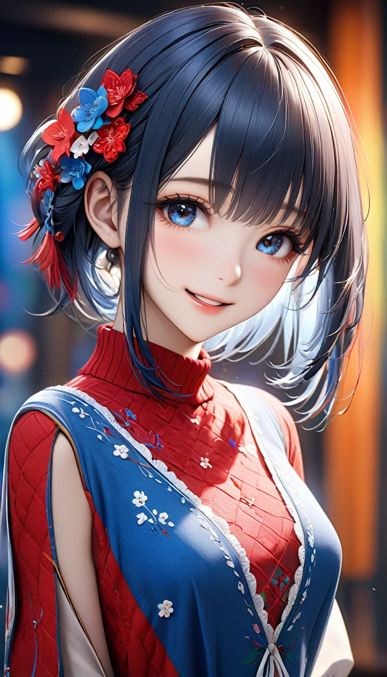 (Highest quality, 8k, 32K, masterpiece, Ultra-high resolution):1.2, Blurred Background, Great photo with beautiful saturation, Ultra-high resolution,(Realistic:1.4)),Deep Shadow,(Highest quality), ultra Realistic,32K,Highly detailed CG Unity, Expressive eyes, Perfect Face, Perfect Anatomy, Perfect body, scene, One Girl, Open your mouth, Middle-length hair with bangs, Provides moisture to the eye area, Textured skin, Highest quality, 8k, Blurred Background, smile, A woman with perfect style, (Colorful patterns(Red and blue embroidery)girl' China dress:1.2), look forward to, Looking into the camera,(I can see your chest),