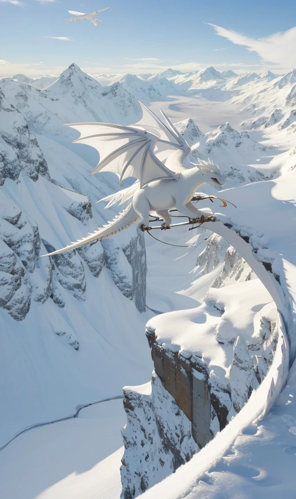 A little white dragon flying in the valley with beautiful white hair