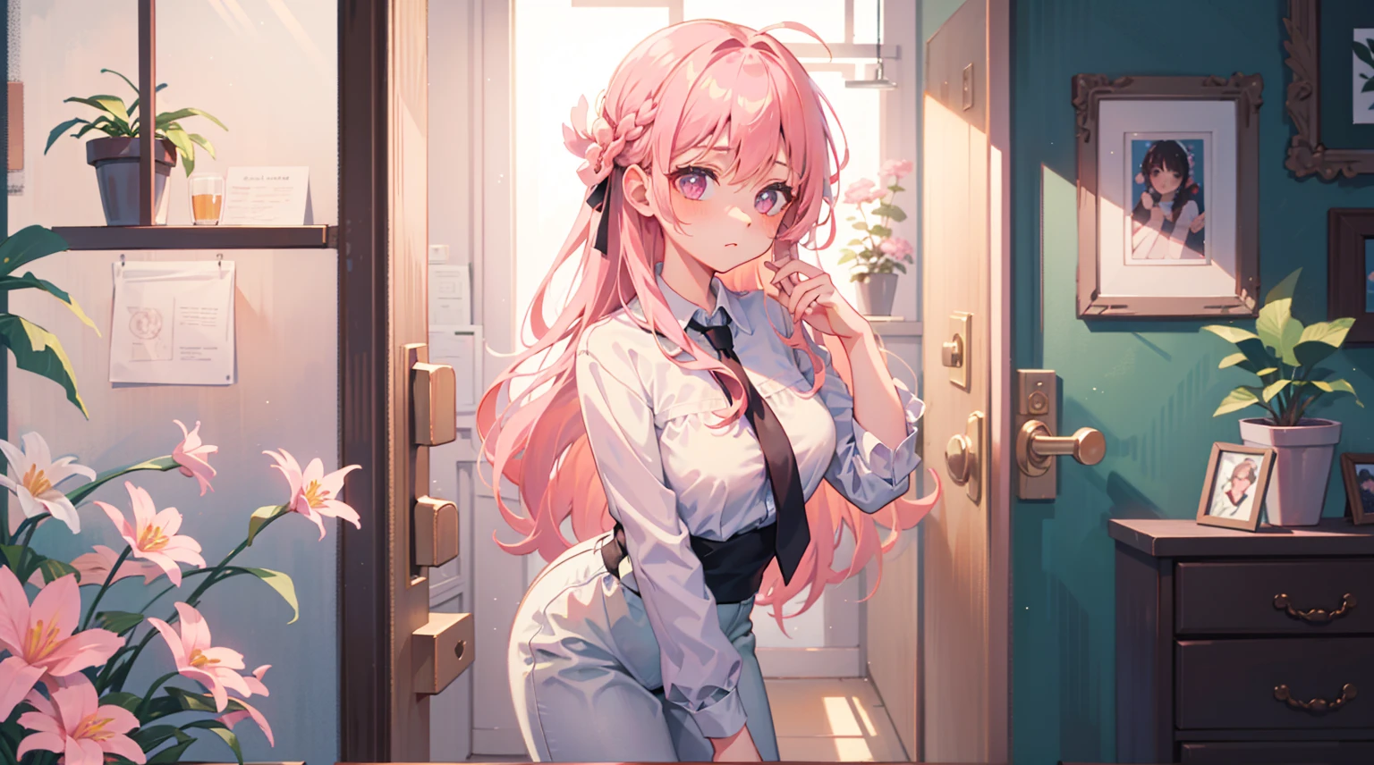 (Masterpiece), Best quality, Ultra-high resolution, detailed structure, Detailed architecture, (Warm pastel colors), indoor,Pink long hair girl standing outside the door, plant, Stamens, indoor,Entrance,Clear colors