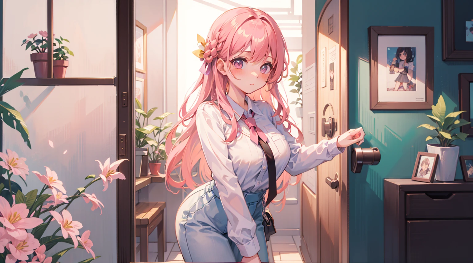 (Masterpiece), Best quality, Ultra-high resolution, detailed structure, Detailed architecture, (Warm pastel colors), indoor，Pink long hair girl standing outside the door, plant, Stamens, indoor，Entrance，Clear colors