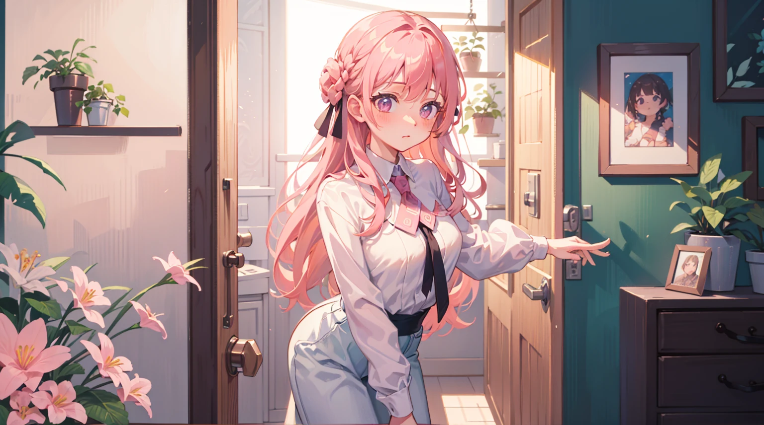 (Masterpiece), Best quality, Ultra-high resolution, detailed structure, Detailed architecture, (Warm pastel colors), indoor,Pink long hair girl standing outside the door, plant, Stamens, indoor,Entrance,Clear colors