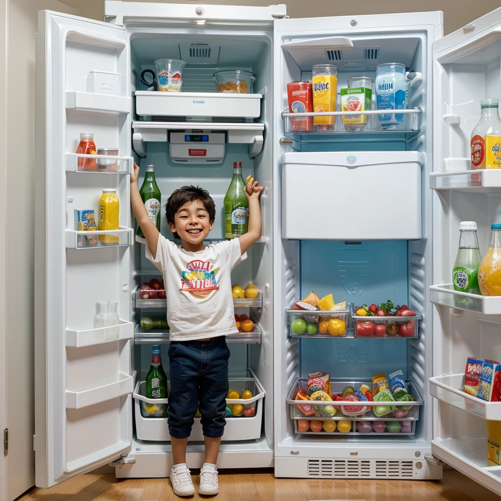 Write a prompt about a boy who, after a joyous playtime, excitedly opens the fridge for a refreshing drink. Despite finding it nothing. Fridge has nothing , he remains surprisingly happy.