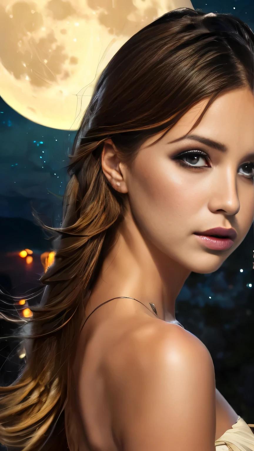 (Big moon background)、View from below、Dark Night、1girl, The most beautiful model、Age 25、White corset dress、masterpiece, 最high quality, high quality, High resolution, Big Tits, ((Face close-up)), Face close-up、