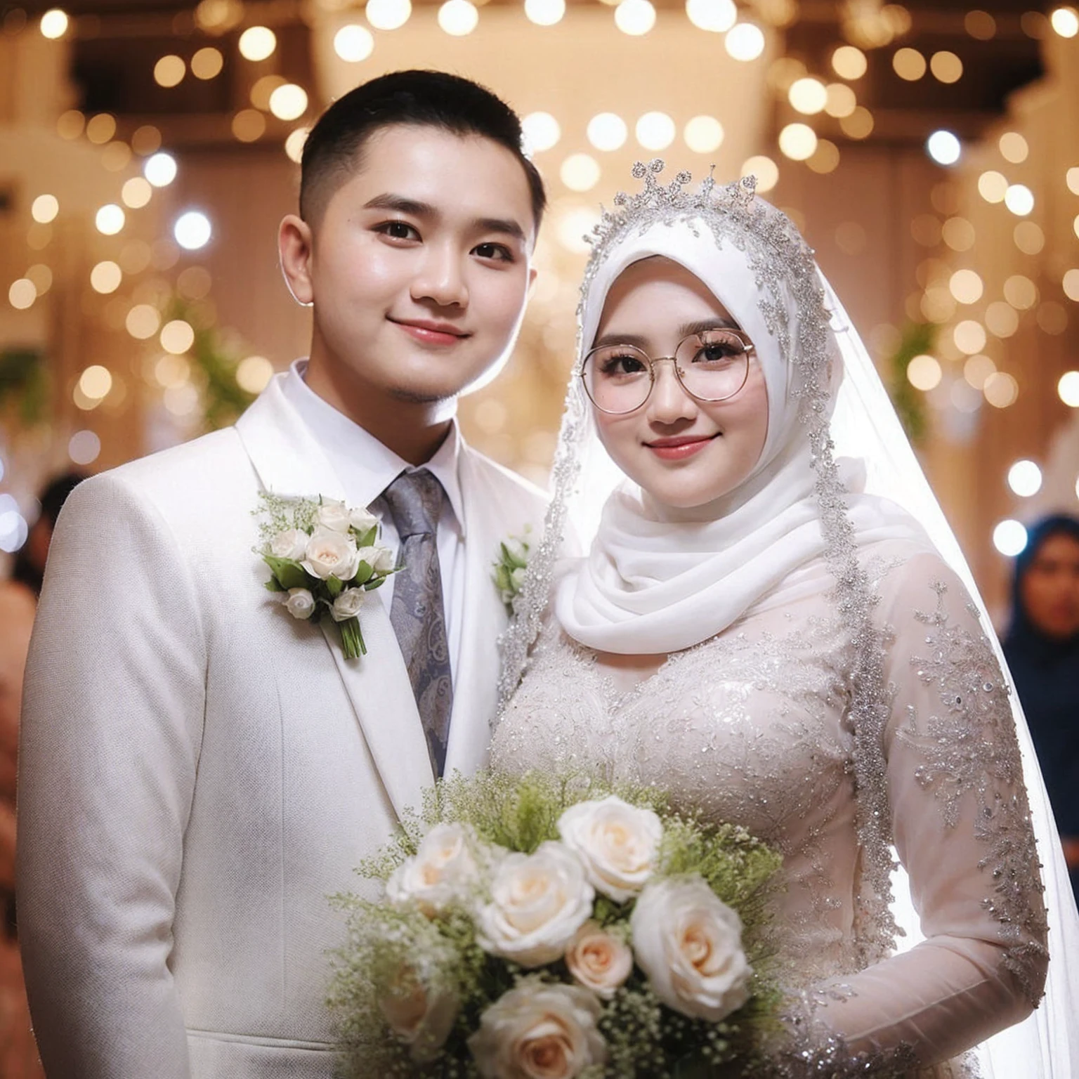 indoor portrait of an Indonesian couple bride, a 30 years old, the man with a short haircut, woman with slightly overweight chubby wearing a long compliant sharia hijab white dress, mahkota mewah hiasan mutiara, kalung bunga melati. Tersenyum manis, pengantin dengan hiasan bunga mawar putih, memakai pakaian serba putih. backround is stage bride, bokeh, Captured with a Sony camera, the results are realistic, fresh color, 8k