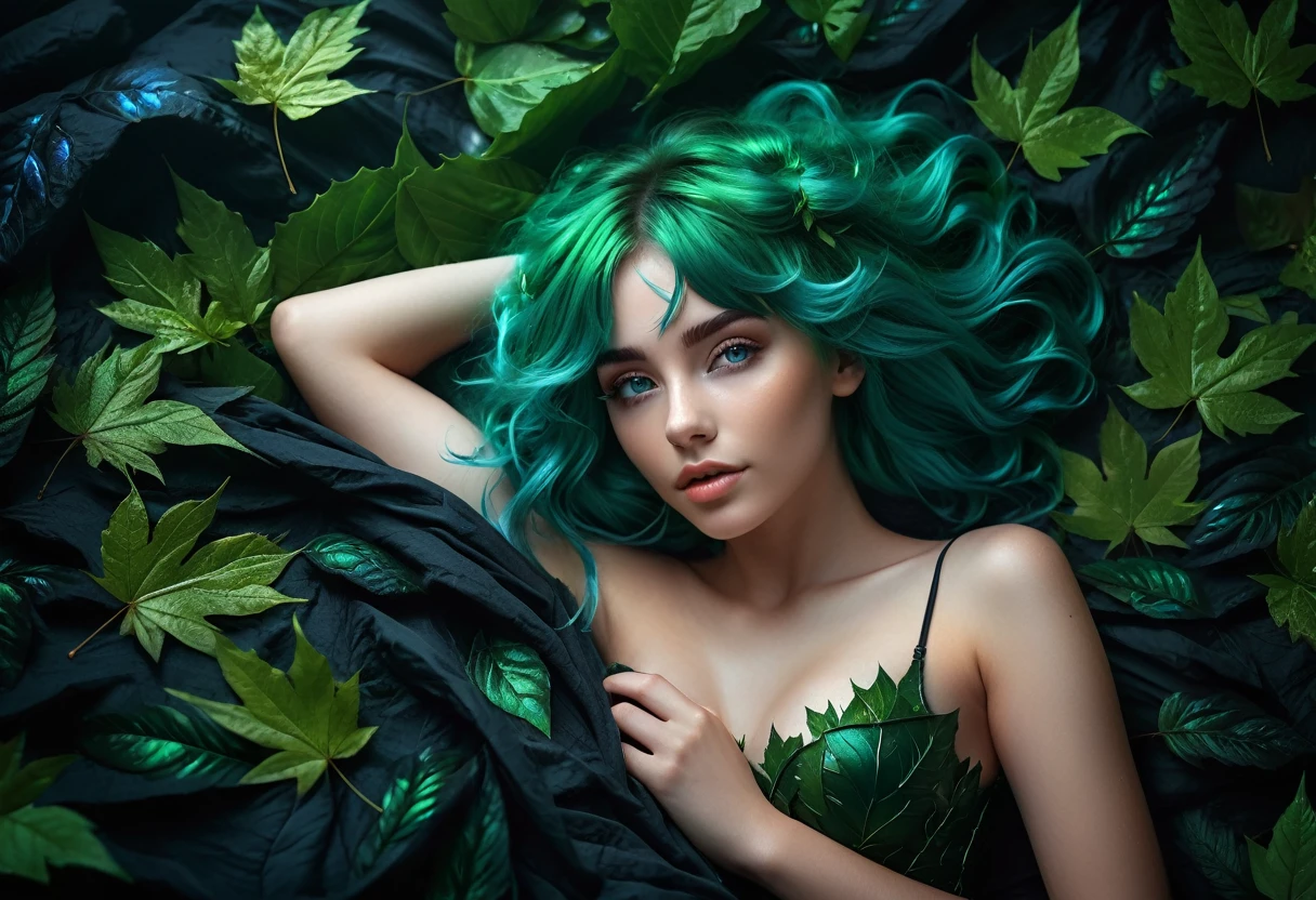 a girl with green hair and blue eyes is lying back in leaves bed of a dark background, perfect body, green flowing hair, body covered by leaves, girl with cosmic hair, 8k high quality detailed photoart, fantasy art style, detailed digital art, photographic fantasy artwork, epic fantasy art style hd