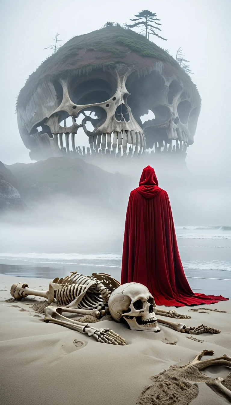 A misty beach scene featuring an enormous human skeleton lying on the shore. The massive bones are aged and partially submerged in the sand. In the foreground, a person in a red cloak stands facing the skeleton, adding a sense of scale and mystery. The atmosphere is eerie and otherworldly, with dense fog obscuring the background.