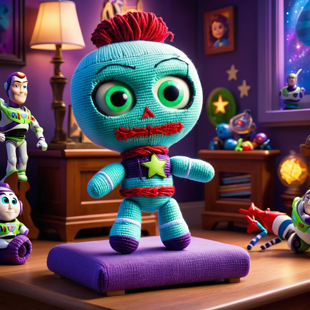 (knitted voodoo doll:1.6), sits on a podium, surrounded by a room from the cartoon Toy Story, (Buzz Lightyear:1.2), Buzz Lightyear's clothes, a whimsical and magical atmosphere, sparkles and glows in the background, best quality, masterpiece, detailed soft oil painting, detailed background, dramatic cinematic lighting, soft edge lighting, professional, dramatic lighting, hard edge lighting, ultra quality, 4k, masterpiece, best quality, 8k, ultra high definition, high resolution, extremely detailed