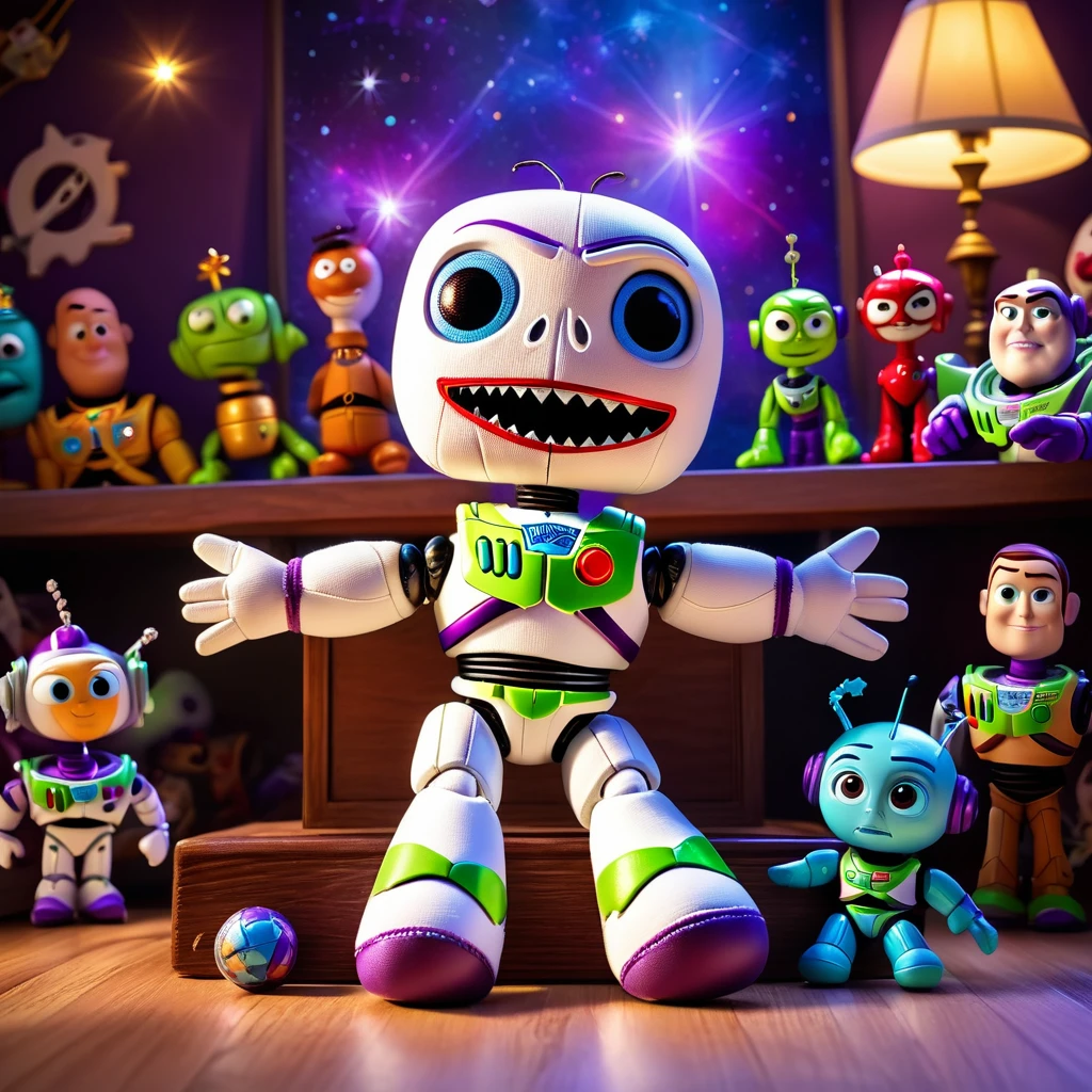 (knitted voodoo doll:1.6), sits on a podium, surrounded by a room from the cartoon Toy Story, (Buzz Lightyear:1.2), Buzz Lightyear's clothes, a whimsical and magical atmosphere, sparkles and glows in the background, best quality, masterpiece, detailed soft oil painting, detailed background, dramatic cinematic lighting, soft edge lighting, professional, dramatic lighting, hard edge lighting, ultra quality, 4k, masterpiece, best quality, 8k, ultra high definition, high resolution, extremely detailed
