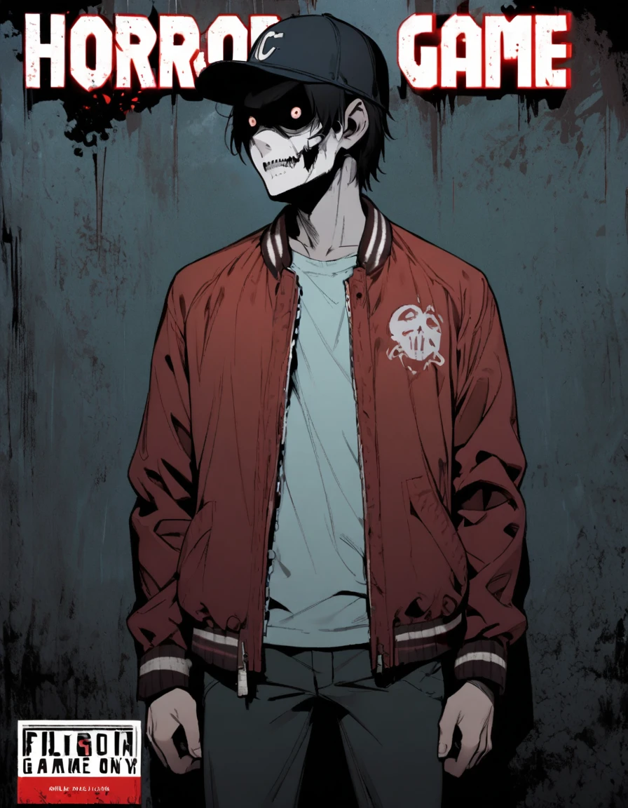 boy, horror game cover, baseball cap, jacket, casual