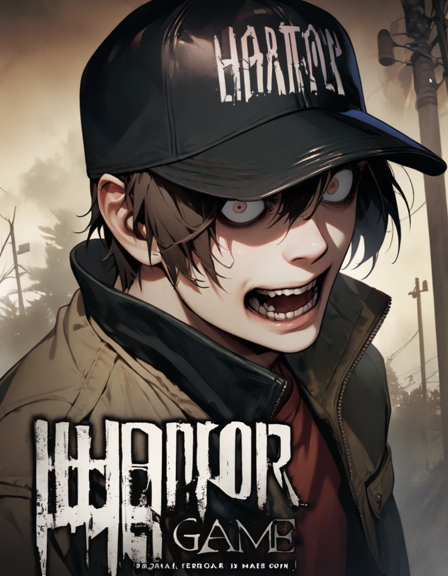 boy, horror game cover, baseball cap, jacket, casual