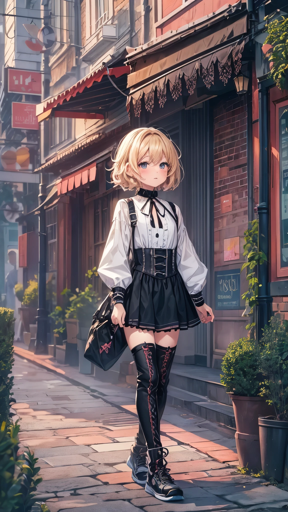 best quality,ultra-detailed,((background:outside street1,8)),((one boy)),((fem boy)),((trap)),((bulge)),black-choker,((blonde short hair)),((man’s face)),((dress up as a woman)),((blush)),((flustred)),((poor chest)),((flat chest)),((gothic-Lolita-fashion)),(black-gothic-tops),(gothic-skirts,(race-up-long-boots),(sneakers),((having a carry-bag)),vibrant colors,soft lighting,