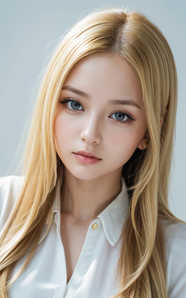 (((Blonde、forehead、long hair、White background、one piece、blouse)))、masterpiece, Highest quality, 8k,, 20th Generation, (Large Breasts:1.2), Background is white,  cute, alone, sad, close, cute, Girlish, Delicate girl, Pure beauty,  RAW Photos, Professional photography, Portraiture, Soft Light, Professional Lighting, Backlight, Upper Body, Sophisticated, Film Grain, (Eye and facial details:1.0) , Beautiful, flowing hair, シルクのblouse,