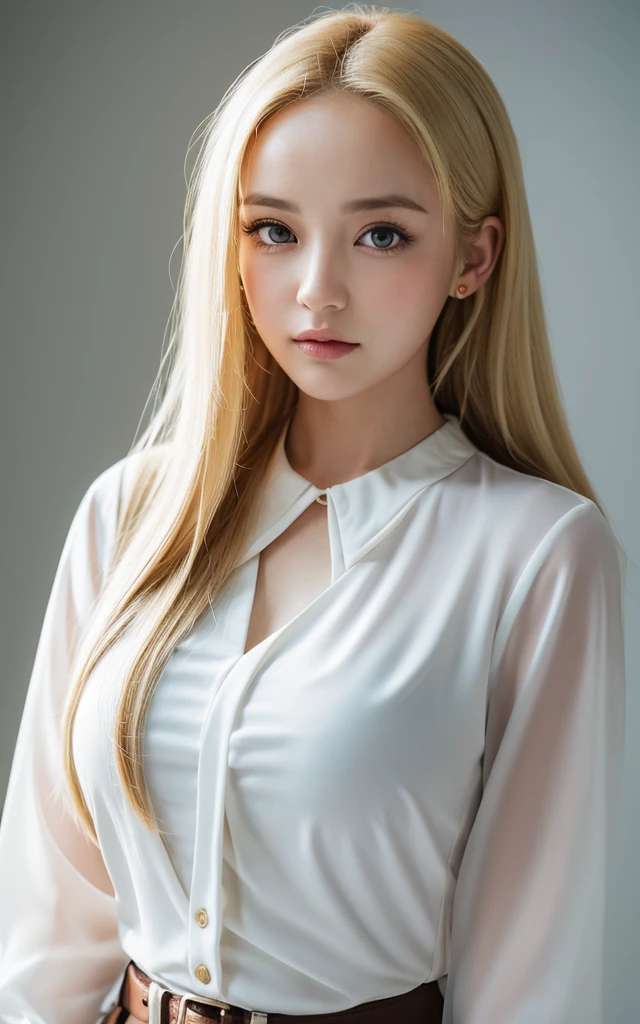 (((Blonde、forehead、long hair、White background、one piece、blouse)))、masterpiece, Highest quality, 8k,, 20th Generation, (Large Breasts:1.2), Background is white,  cute, alone, sad, close, cute, Girlish, Delicate girl, Pure beauty,  RAW Photos, Professional photography, Portraiture, Soft Light, Professional Lighting, Backlight, Upper Body, Sophisticated, Film Grain, (Eye and facial details:1.0) , Beautiful, flowing hair, シルクのblouse,