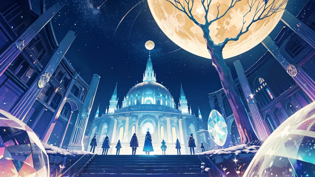 Fantasy,Symmetry,starry night,the dream lands,Round library,Large Crystal Tree,a lot of iridescence sphere,celtic,Dark,Night,deserted palace,moon,shoot from below