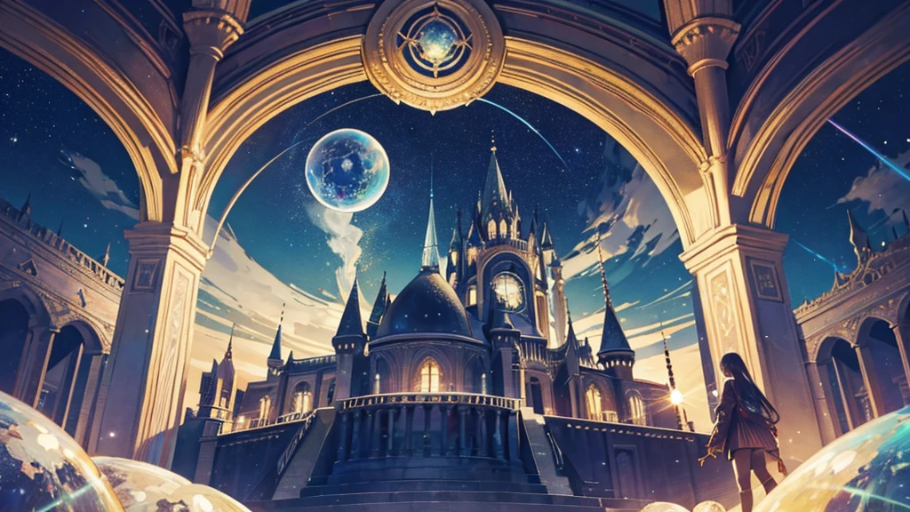 Fantasy,Symmetry,starry night,the dream lands,Round library,Large Crystal Tree,a lot of iridescence sphere,celtic,Dark,Night,deserted palace,moon,shoot from below