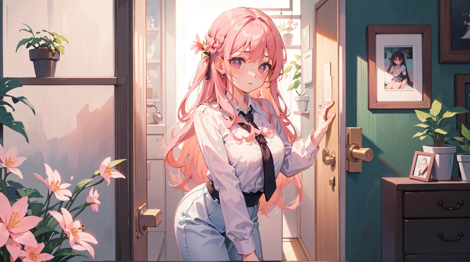 (Masterpiece), Best quality, Ultra-high resolution, detailed structure, Detailed architecture, (Warm pastel colors), indoor,Pink long hair girl standing outside the door, plant, Stamens, indoor,doorframe,Clear colors