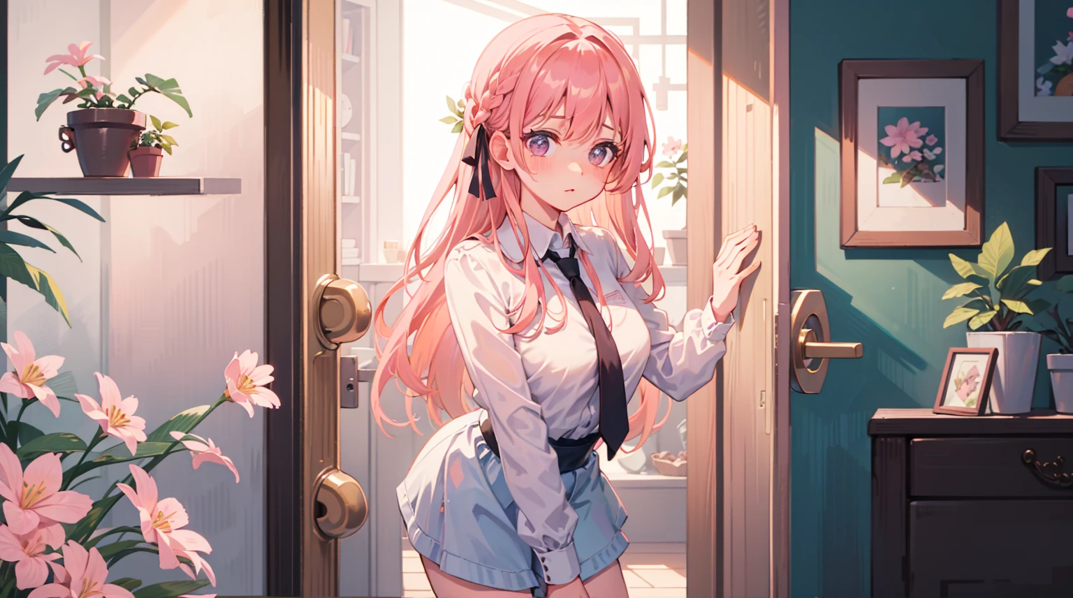(Masterpiece), Best quality, Ultra-high resolution, detailed structure, Detailed architecture, (Warm pastel colors), indoor,Pink long hair girl standing outside the door, plant, Stamens, indoor,doorframe,Clear colors