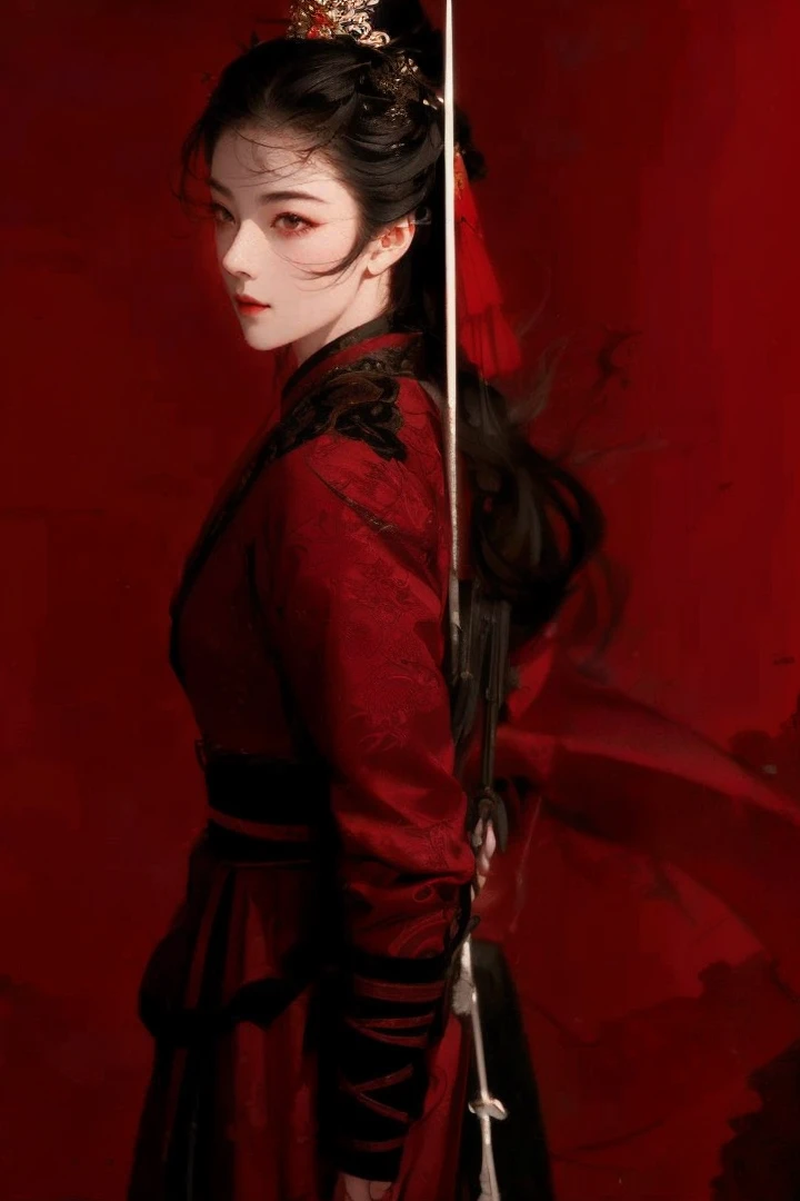 Chinese red ink painting,Female swordsman,heroic figure,Traditional Clothing,Delicate and sharp sword, doe eyes with smile , Dynamic poses, Dramatic Lighting, Vibrant colors, High contrast, Epic landscape background, Hazy atmosphere, Full of action, Dynamic brushwork, Ultra-high resolution, Fine details, professional quality.