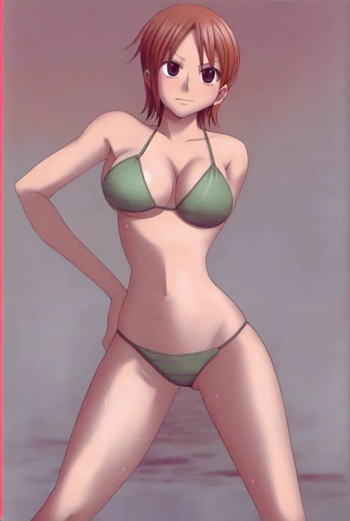Nami, with her big breasts and beautiful legs, is standing in a bikini with her legs spread to the sides and her hands on her hips.。