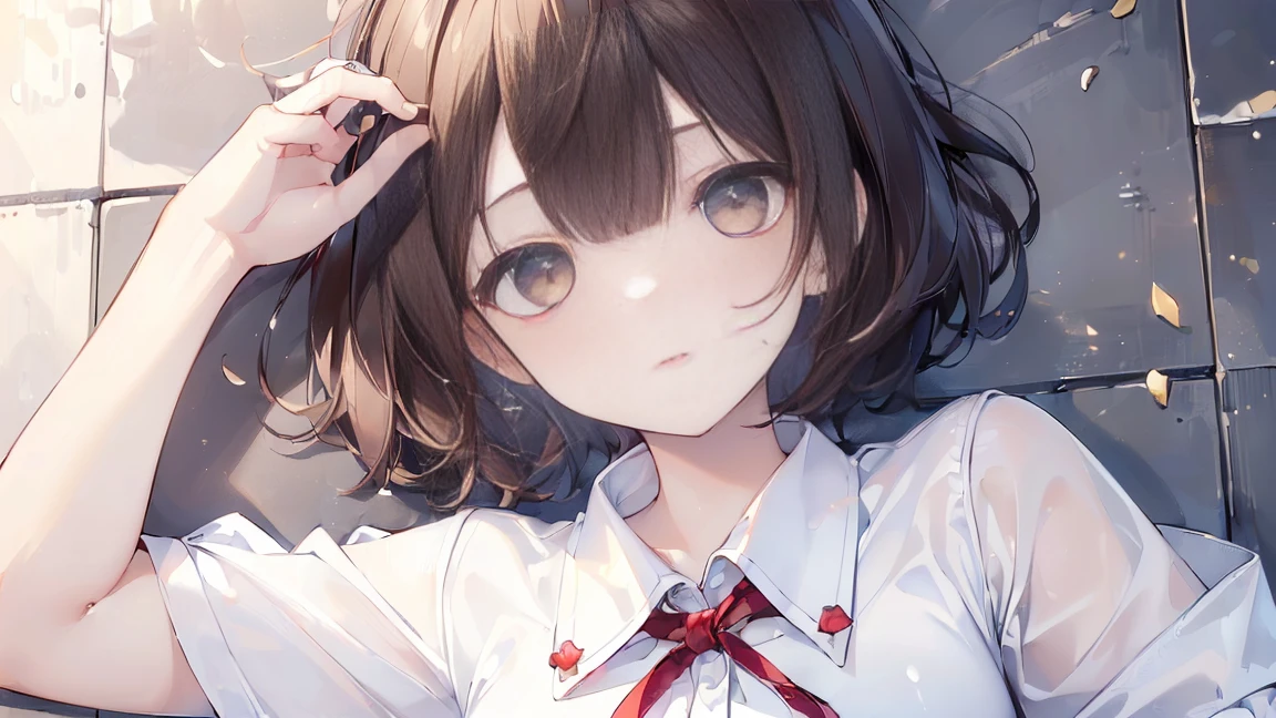 (((Highest quality, 8k, masterpiece: 1.3)), Sharp focus, Slim abdomen, (White shirt), (street: 1.2), Highly detailed face and skin texture, fine grain, double eyelid, Japanese , Brown Hair, Sleepy face, (In high school), (High School Uniform)