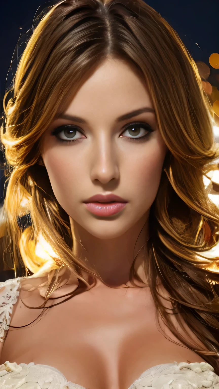 (Big moon background)、View from below、Dark Night、1girl, The most beautiful model、Age 25、White corset dress、masterpiece, 最high quality, high quality, High resolution, Big Tits, ((Face close-up)), Face close-up、
