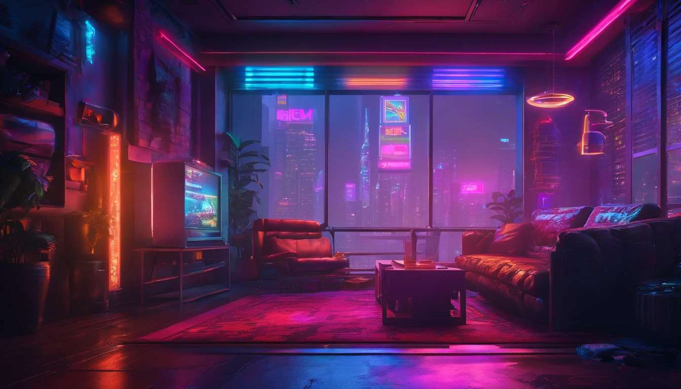 a cozy living room with large windows, soft curtains, and a view of rain falling outside