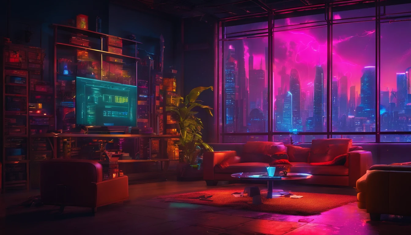 a cozy living room with large windows, soft curtains, and a view of rain falling outside