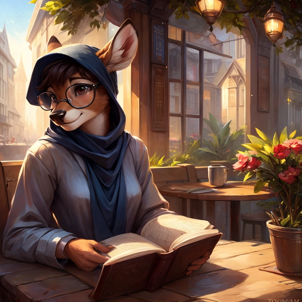 uploaded on e621, by Pixelsketcher, by Bayard Wu, by Thomas Benjamin Kennington , by Einshelm, by hioshiru and kenket, Chunie, portrait, solo anthro female deer doe, tiny featureless breasts, tiny breasts, clear dark blue, cinematic lighting, day, sunny day, sitting outside at a café, Cafe Background, french background, old french background, shiny, short curly dark brown hair, short hair, wears big black nerd glasses, very very beautiful furry art, furry art, thoughtful, shiny, feminine, cute face, muzzle, fluffy chest, flawless face, Fallow deer, 1girl, Sakimichan is beautiful, Masterpiece, Wavethesallow Face, shiny, Detailed image, portrait, Detailed image, portrait, wears pure white wide, big blouse, wears a black bandana headscarf hat, shiny, realistic face, perfect anatomy, hourglass body, anthropomorphic deer, happy, very happy, small ears, huge black nerd glasses, wide happy eyes, look daydreaming around, smiles, big smile, holds a cup of coffee, hourglass body, (furry body:1.1), anthropomorphic deer, reading a book, small fluffy tail, detailed background, (cute anatomy:1.1)
