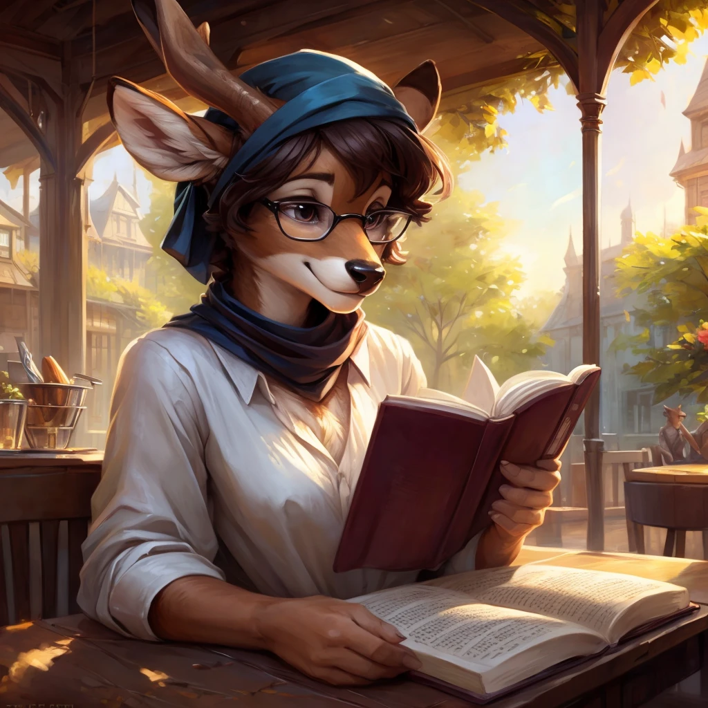 uploaded on e621, by Pixelsketcher, by Bayard Wu, by Thomas Benjamin Kennington , by Einshelm, by hioshiru and kenket, Chunie, portrait, solo anthro female deer doe, tiny featureless breasts, tiny breasts, clear dark blue, cinematic lighting, day, sunny day, sitting outside at a café, Cafe Background, french background, old french background, shiny, short curly dark brown hair, short hair, wears big black nerd glasses, very very beautiful furry art, furry art, thoughtful, shiny, feminine, cute face, muzzle, fluffy chest, flawless face, Fallow deer, 1girl, Sakimichan is beautiful, Masterpiece, Wavethesallow Face, shiny, Detailed image, portrait, Detailed image, portrait, wears pure white wide, big blouse, wears beige summer straw hat, shiny, realistic face, perfect anatomy, hourglass body, anthropomorphic deer, happy, very happy, small ears, huge black nerd glasses, wide happy eyes, look at viewer, smiles, big smile, holds with both hands a book, hourglass body, (furry body:1.1), anthropomorphic deer, reading a book, small fluffy tail, detailed background, (cute anatomy:1.1)
