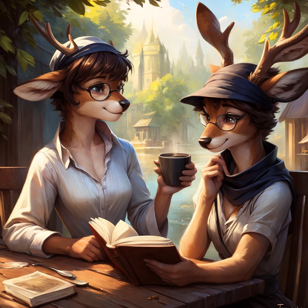 uploaded on e621, by Pixelsketcher, by Bayard Wu, by Thomas Benjamin Kennington , by Einshelm, by hioshiru and kenket, Chunie, portrait, solo anthro female deer doe, tiny featureless breasts, tiny breasts, clear dark blue, cinematic lighting, day, sunny day, sitting outside at a café, Cafe Background, french background, old french background, shiny, short curly dark brown hair, short hair, wears big black nerd glasses, very very beautiful furry art, furry art, thoughtful, shiny, feminine, cute face, muzzle, fluffy chest, flawless face, Fallow deer, 1girl, Sakimichan is beautiful, Masterpiece, Wavethesallow Face, shiny, Detailed image, portrait, Detailed image, portrait, wears pure white wide, big blouse, wears a black bandana headscarf hat, shiny, realistic face, perfect anatomy, hourglass body, anthropomorphic deer, happy, very happy, small ears, huge black nerd glasses, wide happy eyes, look daydreaming around, smiles, big smile, holds a cup of coffee, hourglass body, (furry body:1.1), anthropomorphic deer, reading a book, small fluffy tail, detailed background, (cute anatomy:1.1)