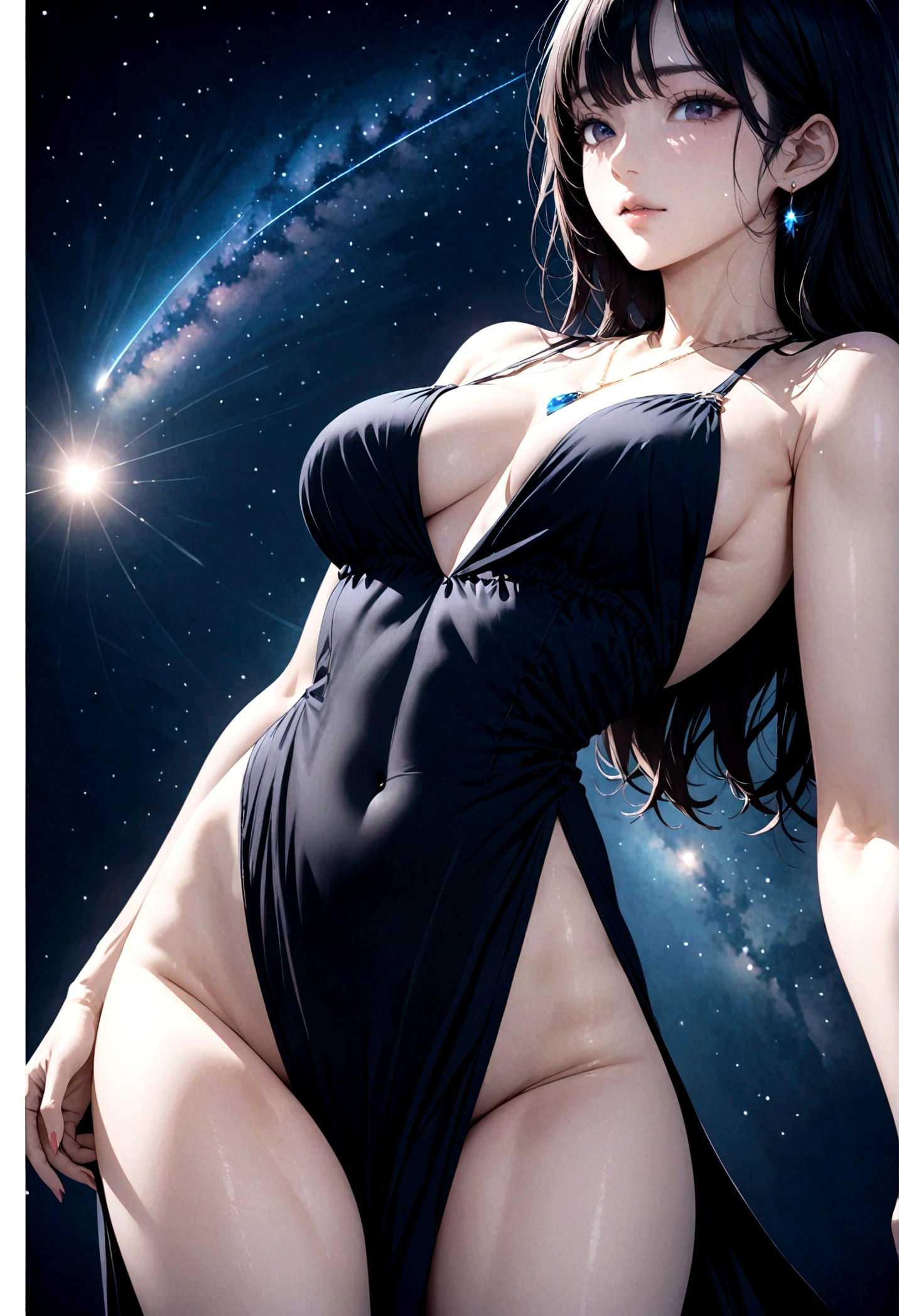 8k, masterpiece, RAW Photos, Highest quality, Realistic, Very detailed, Depth of written boundary, Cinematic Light, Anatomically correct body, 
One elegant mature woman, Very beautiful face, Exquisitely detailed face, Goddess-like deity々Beautiful, Very sensitive skin, Transparent muscle, Shiny white skin, Glamorous Body, 
Wavy black long hair, Beautiful legs, Sexy Breasts, Sexy ass, 
Silk high-slit dress fluttering in the wind, Detailed cloth texture, Gorgeous necklace, Gorgeous earrings, 
Dark starry background, Milky Way, milky way, shooting star, Dark coastline at night, Pitch black sea surface, 
Low angle shot, 