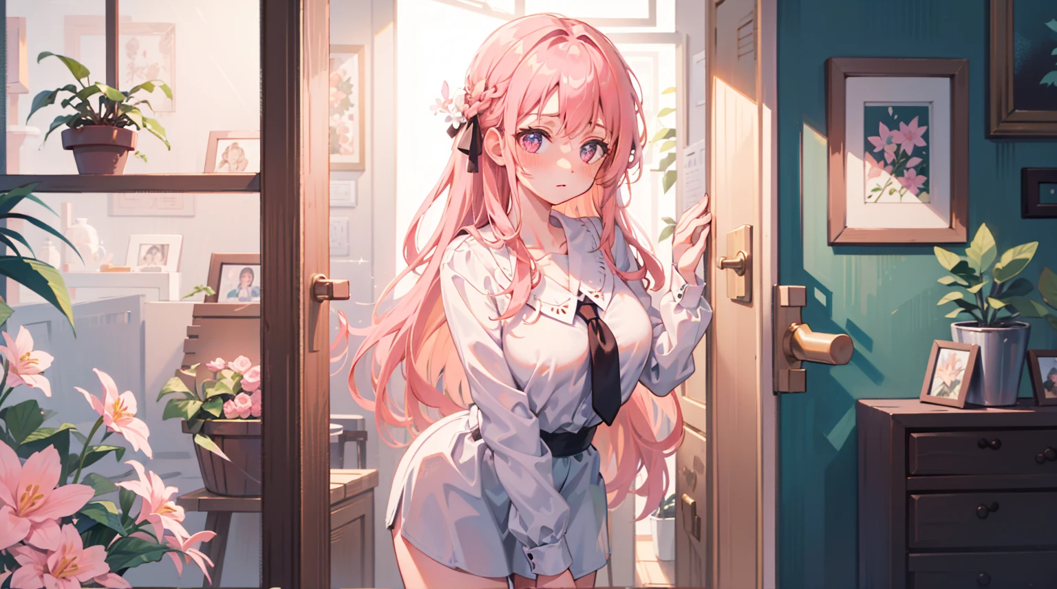 (Masterpiece), Best quality, Ultra-high resolution, detailed structure, Detailed architecture, (Warm pastel colors), indoor,Pink long hair girl standing outside the door, plant, Stamens, indoor,doorframe,Clear colors