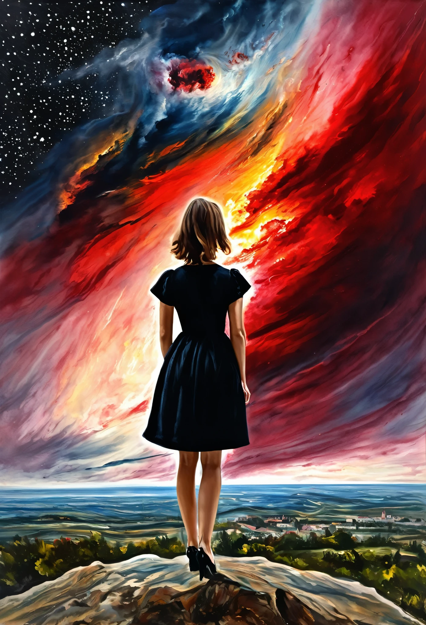 ((View from behind)): [Young 1 girl, Cute Black Chaos Hurricane Bob to the Wind, ((El Greco style/Thomas Mann/John Constable!)!) Baroque::20]:background[Nebula IC434 deep red/Bat] (art：Slawomir-Maniak), A canvas with a rich watercolor palette/acrylic, complicated, Extreme detail, Composite Keys, ((Single Shot)), ((Highest quality)), ((masterpiece)) , ((perspective)), (Ideal Body), 8k, Impressionism: 0.2 Full HD Wallpapers