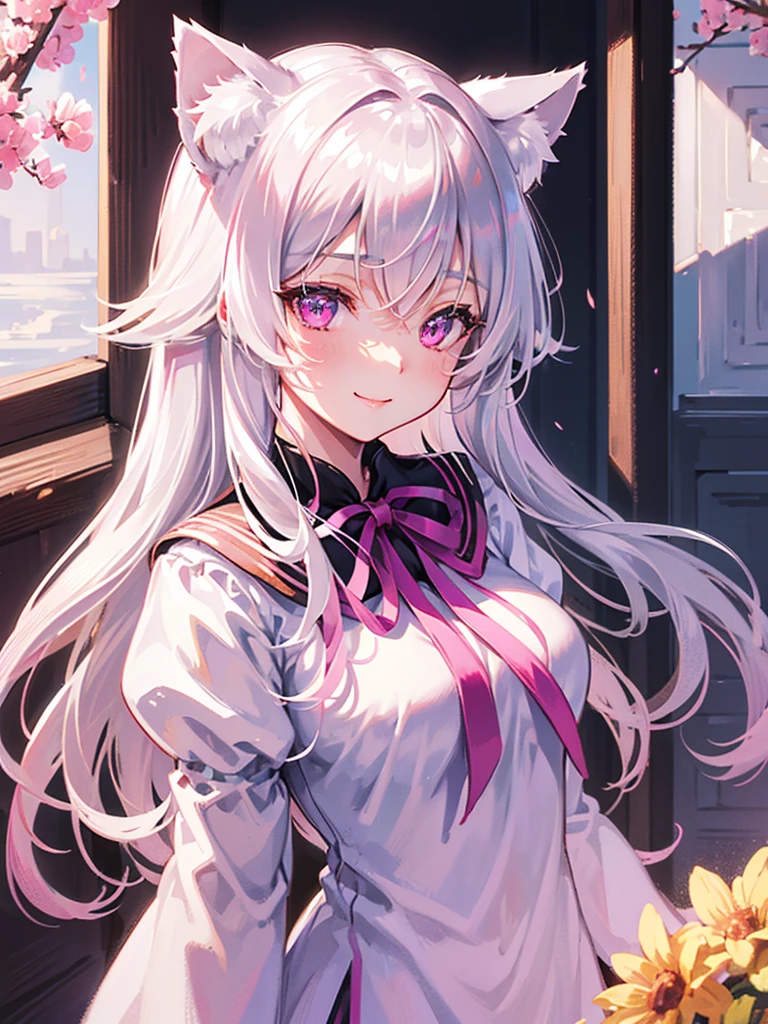 Highly detailed face,fine grain,Highlighted eyes, medium breasts ,pretty girl, smile shyly,Cat ear,Beautiful silver hair,Pink inside,Beautiful pink eyes,shiny skin, beautiful shadow,White sailor uniform,ribbon, I want to send a letter to you