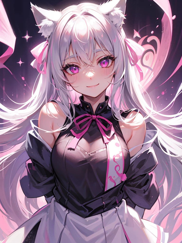 Highly detailed face,fine grain,Highlighted eyes, medium breasts ,pretty girl, smile shyly,Cat ear,Beautiful silver hair,Pink inside,Beautiful pink eyes,shiny skin, beautiful shadow,White sailor uniform,ribbon, I want to send a letter to you