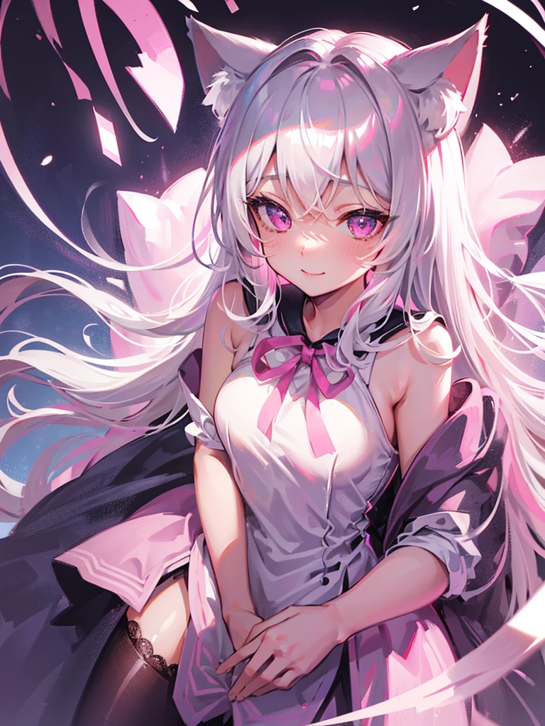 Highly detailed face,fine grain,Highlighted eyes, medium breasts ,pretty girl, smile shyly,Cat ear,Beautiful silver hair,Pink inside,Beautiful pink eyes,shiny skin, beautiful shadow,White sailor uniform,ribbon, I want to send a letter to you