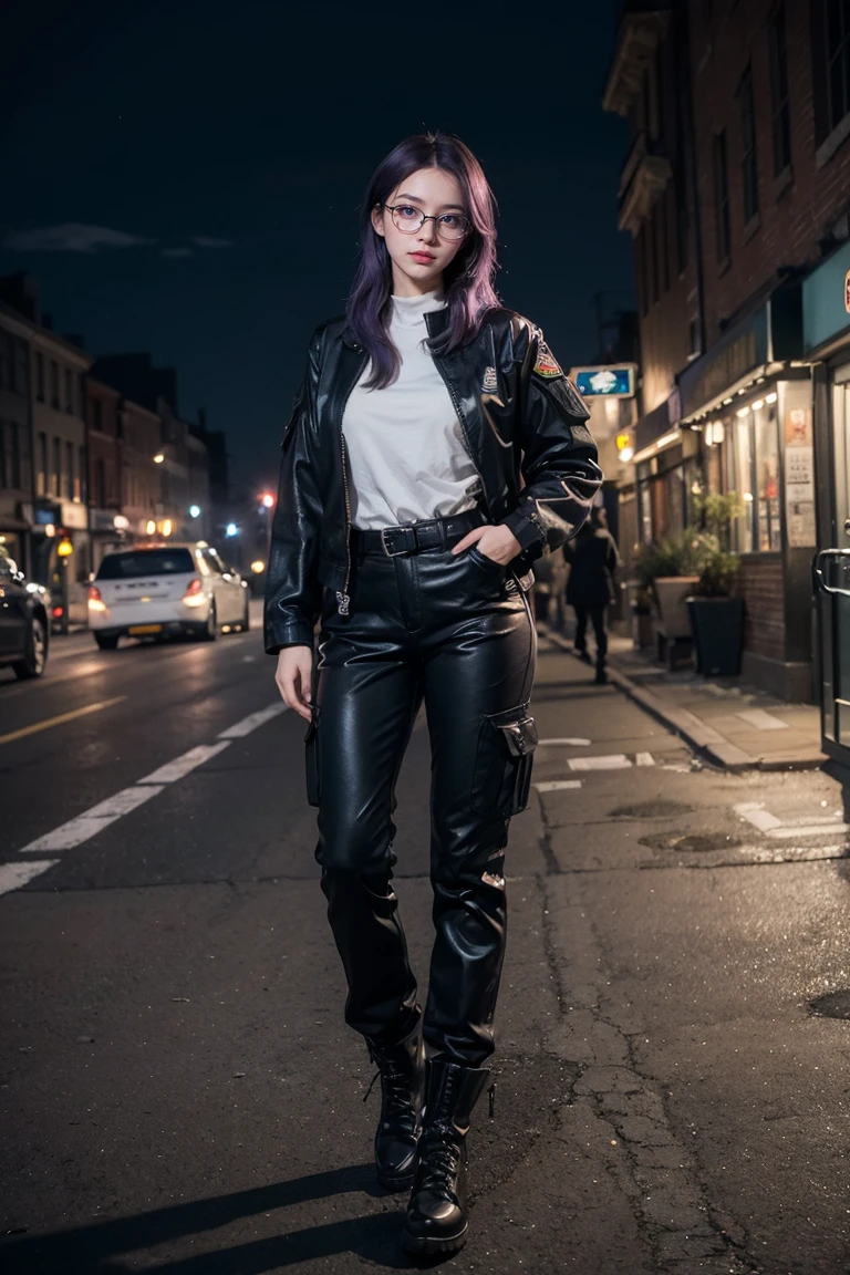 ((best quality)), ((masterpiece)), (detailed), perfect face, 1 girl, purple hair, blue beautiful eyes, military tactical gear, military, black military pants, black military boots, black military jacket, city. Night, winter, glasses, realistic, ultra-detailed, HDR 4k, full body