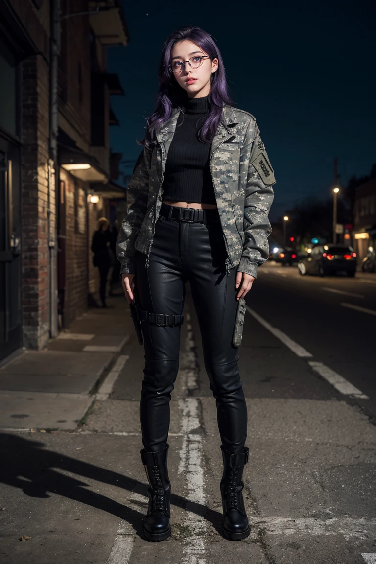 ((best quality)), ((masterpiece)), (detailed), perfect face, 1 girl, purple hair, blue beautiful eyes, military tactical gear, military, black military pants, black military boots, black military jacket, city. Night, winter, glasses, realistic, ultra-detailed, HDR 4k, full body