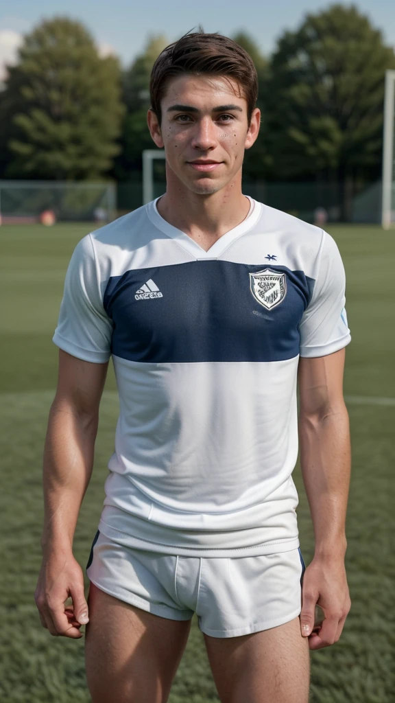 generates a very handsome young boy, with perfect features, he has a muscular athletic body, he is a little hairy on his body and veins are visible on his muscles, he is very sweaty all over his body, he is naked, he has a soccer jersey, he has His legs are bare and he is holding a soccer ball with his hands that covers his penis, he has long socks and he is standing in the middle of a soccer field, you can see the grass in the background, uncensored, explicit image