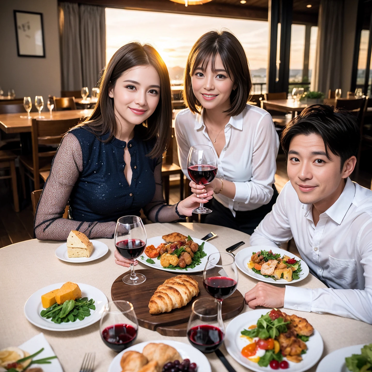 ((Highest quality、8k、masterpiece:1.3))、 (Genuineistic, Genuine、Bright image、Intricate details:1.2), Best smile 1 man 1 woman、Beautiful Couple、spouse、Couple、spouse、Beautiful Couple、Smile、A full-course dinner with a full table、テーブルにwine glass、 (Slim face), (The body is slim), (Brown Hair), (short hair), Please shine a light on my face、 Amazing view of the sunset sky and clouds、 (age 34), 41 years old, red wine 、Appetizers、Wine bottle、sparkling wine、Long sleeve shirt、dress、White wine, red wine, wine glass,